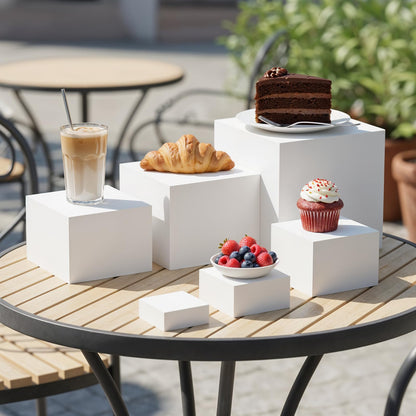 IANFAN 6 Pcs Buffet Risers, Food Risers for Buffet Table, White Acrylic Cube Boxes Display with Hollow Bottoms Display Stand Shelf for Party Cake Dessert Catering Jewelry Collectibles (3"4"5"6"7"8'')