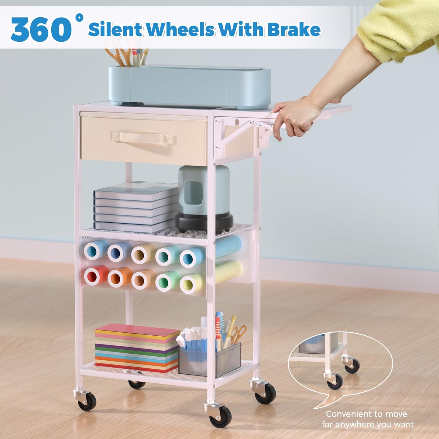 Craft Cart and Organizer Table Compatible with Craft Cutting Machine - Rolling Storage Organizer with Drawer & Vinyl Roll Holder, Crafting Table Workstation Holder for Craft Room Home Office (White)