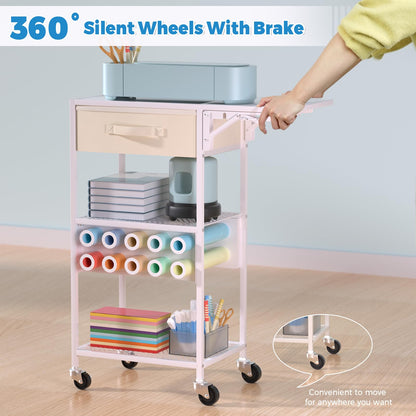 Craft Cart and Organizer Table Compatible with Craft Cutting Machine - Rolling Storage Organizer with Drawer & Vinyl Roll Holder, Crafting Table Workstation Holder for Craft Room Home Office (White)