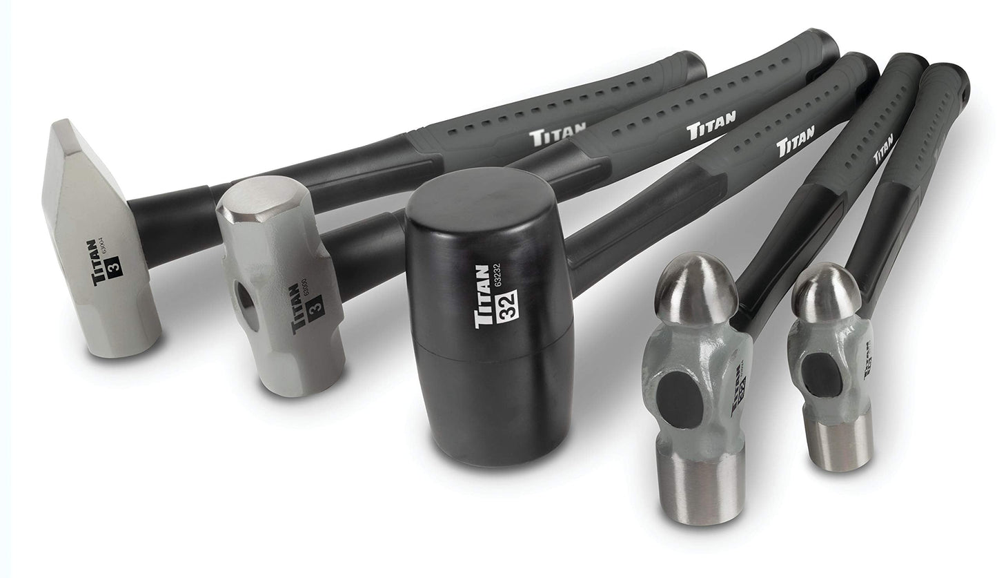 Titan 63125 5-Piece Hammer Set, Includes 16oz & 32oz Ball Pein, 32oz Rubber Mallet, 3lb Sledgehammer, & 3lb Cross Pein, Shock Absorbing Fiberglass Handles with Textured Grips