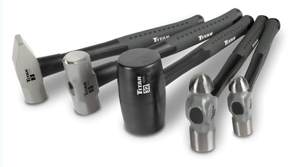 Titan 63125 5-Piece Hammer Set, Includes 16oz & 32oz Ball Pein, 32oz Rubber Mallet, 3lb Sledgehammer, & 3lb Cross Pein, Shock Absorbing Fiberglass Handles with Textured Grips