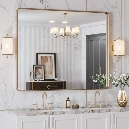 LOAAO Gold Bathroom Mirror - Rounded Rectangle Design | Anti-Rust Tempered Glass, 40" x 32" Size, Wall-Mounted