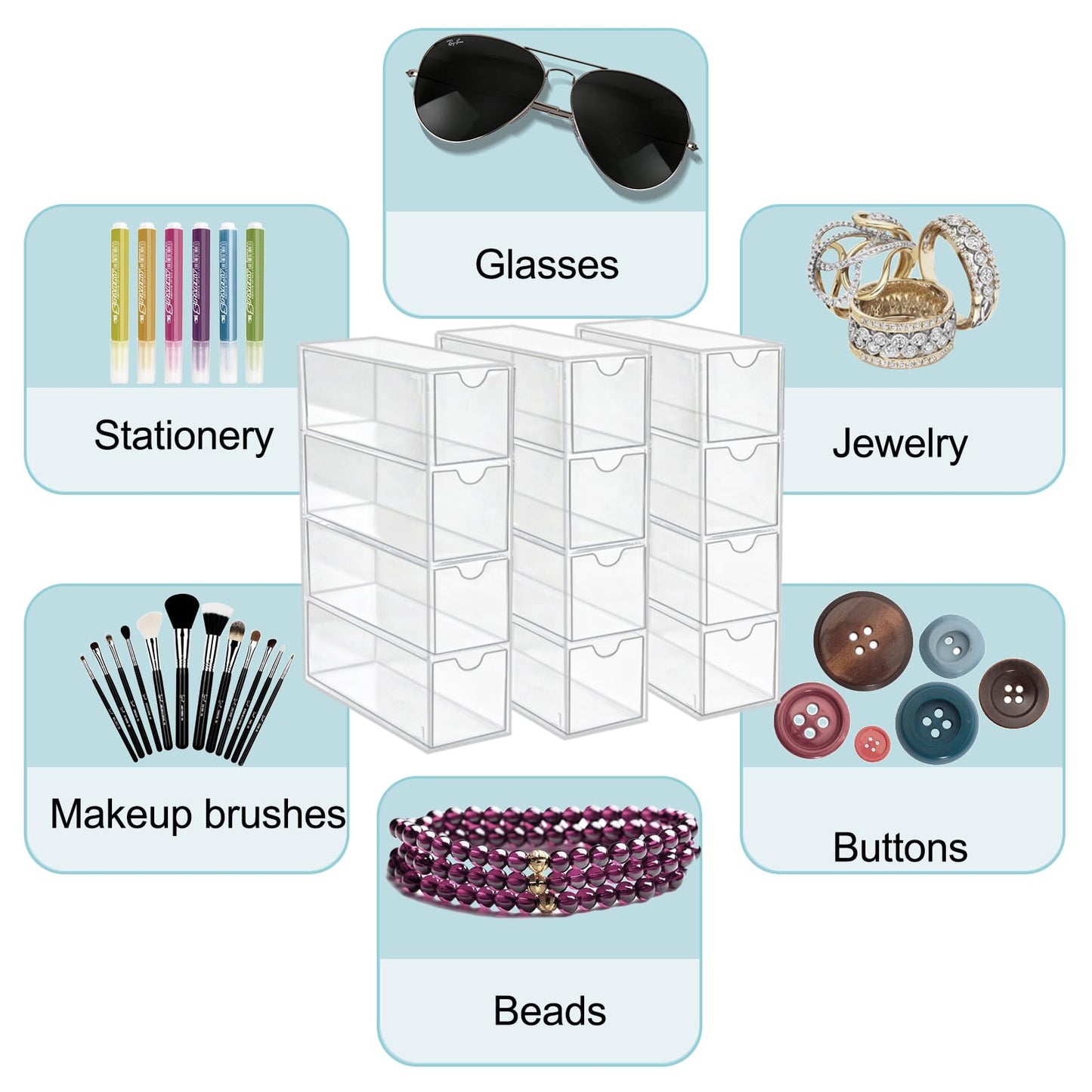 ZEXALOR Clear Desk Organizer Storage with 12 Drawers, Desktop Organizers, Bathroom Office Supplies, Plastic Storage Drawer for Makeup, Jewelry, Pen, Stationary, Hair Accessories, Sunglass (12-Drawer)