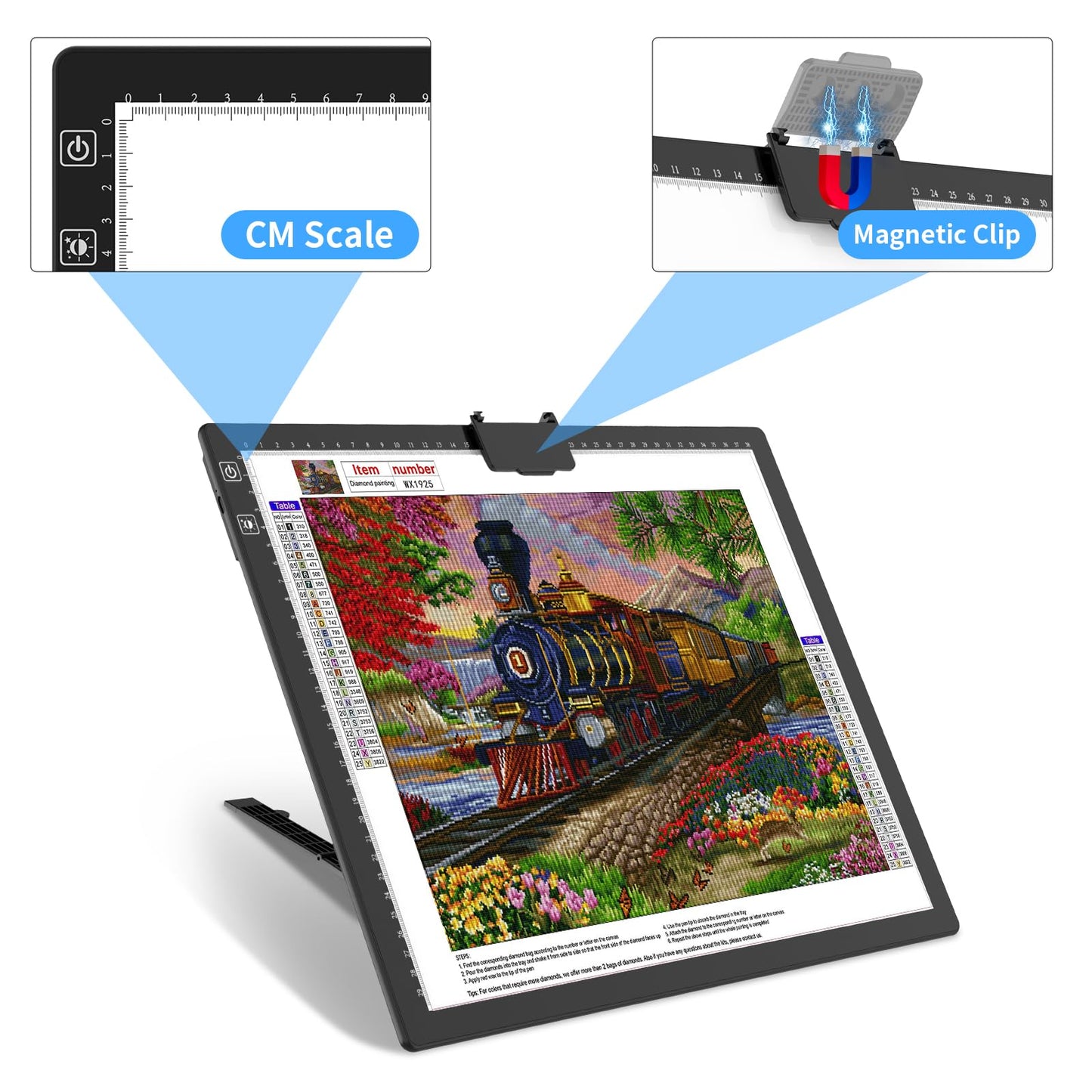 HIUKCOLED Rechargeable A3 Light Pad with Diamond Painting Light Board Carry Bag, Built-in Foldable Stand＆top Clip, 3 Colors/Stepless/6-level Brightness, Battery Powered Wireless LED Tracing Box
