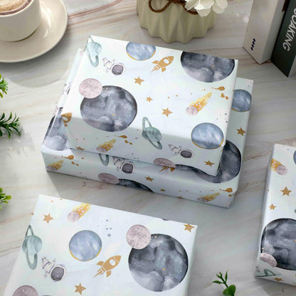 JarThenaAMCS Outer Space Wrapping Paper -Mini Roll- 17In x 32.8Ft First Trip Around The Sun Wrap Paper Watercolor Galaxy Star Craft Papers For Baby Shower Boy Birthday Party Gift Packing Supplies