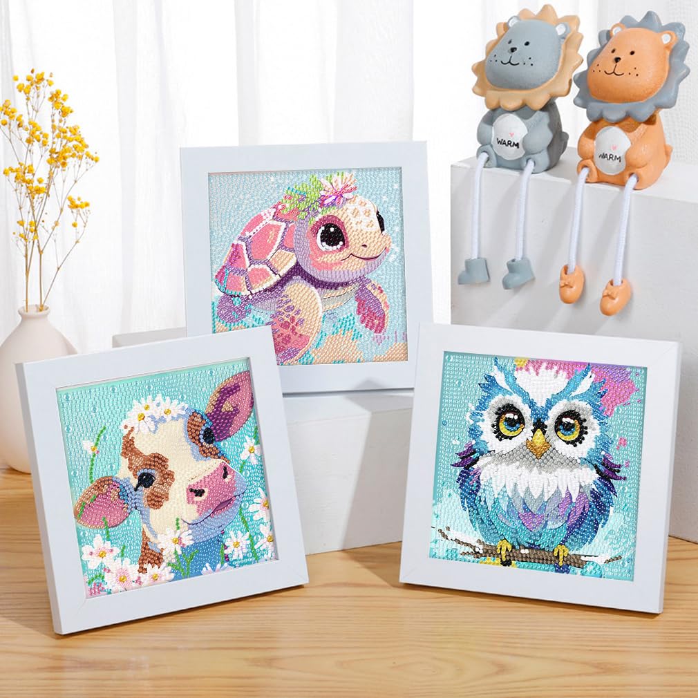 FQOVKYN 4 Packs 5D Cartoon Diamond Art Kits for Kids, Cute Animals DIY Diamond Arts Mosaic Kits for Adults Beginner, Full Round Drill Gem Art for Home Wall Decor Kids Present 6X6 inch