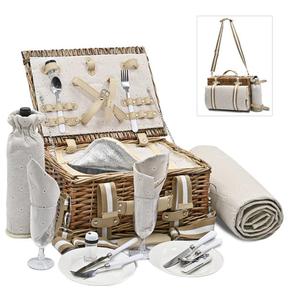 19Pcs Picnic Basket for 2 with Insulated Liner and Waterproof Picnic Blanket Wine Pouch, Large Wicker Picnic Hamper for Camping,Outdoor,Valentine Christmas for Couples
