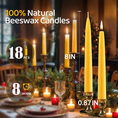 18 Pack Beeswax Taper Candles, 8 in Dripless Pure Beeswax Candle Sticks,8 Hours Long Burning Natural Bees Wax Candles for Home,Unscented Smokeless Tapered Candlesticks for Dinner