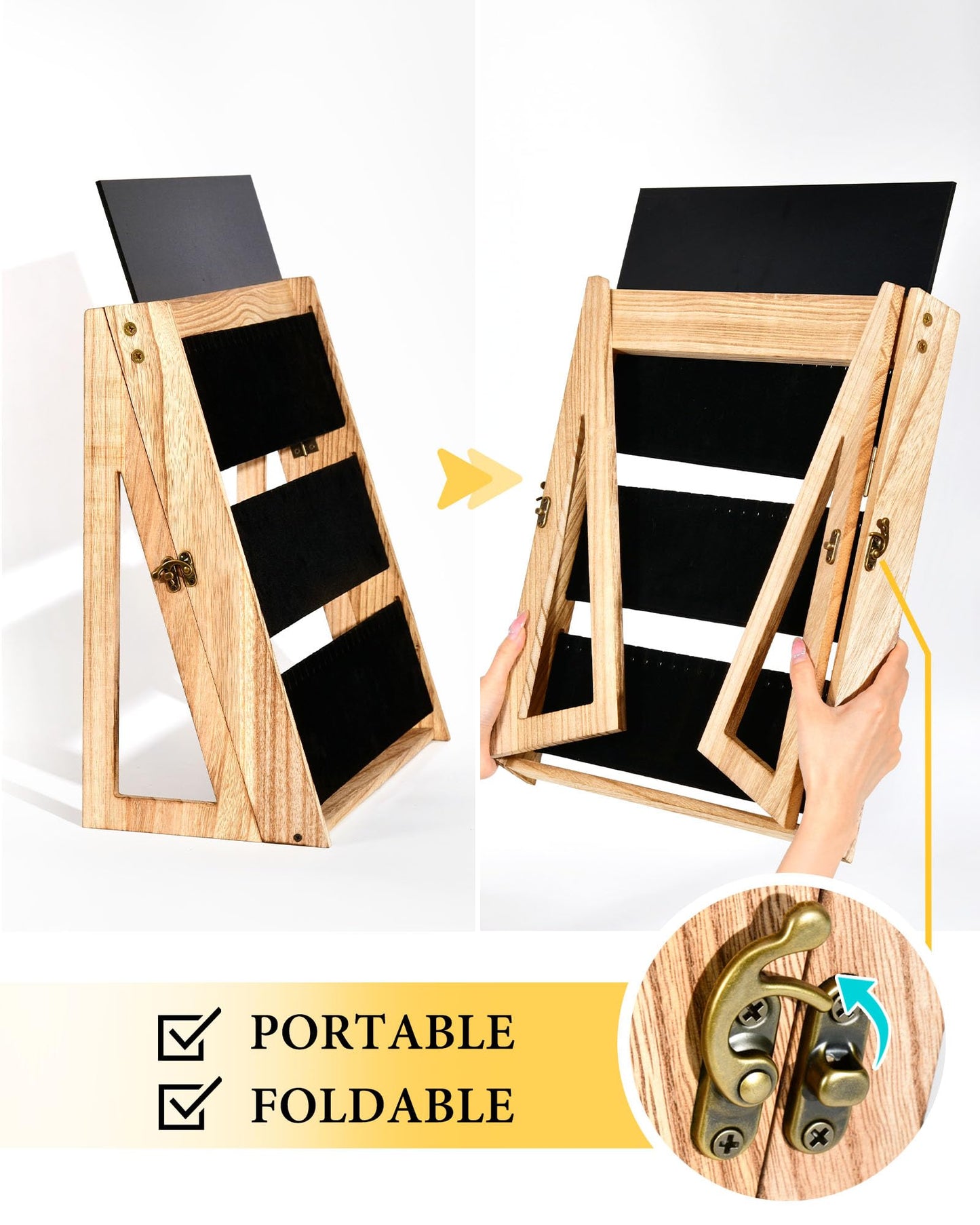 Bulado Necklace Display for Vendors, Foldable Necklace Holder with 66 Slots, 3 Tier Jewelry Display for Selling, Wood Jewelry Storage Organizer Stand with Black Velvet for Craft Show
