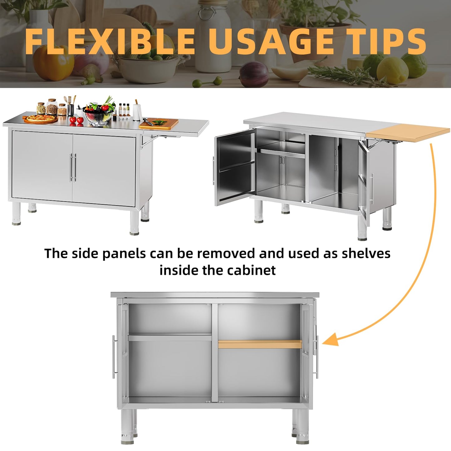 JFHID Stainless Steel Work Table, 57"x19.7" Commercial Worktable Kitchen Cabinets with Extend Panel & Adjustable Shelf, Heavy-Duty Kitchen Prep Table Workbench for Home, Restaurant, Garage and Hotel
