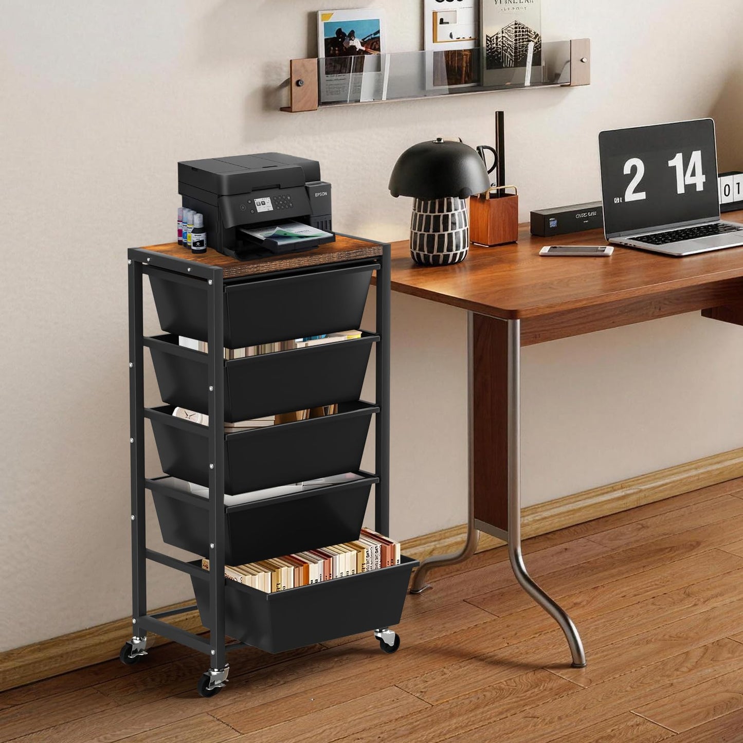 Rolling Cart with 5 Drawers, Plastic Drawer Storage Carts with Wheels & Wooden Tabletop, Metal Utility Cart for Office Bedroom Living Room Classroom, Craft Organization and Storage, Black