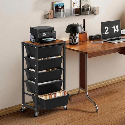 Rolling Cart with 5 Drawers, Plastic Drawer Storage Carts with Wheels & Wooden Tabletop, Metal Utility Cart for Office Bedroom Living Room Classroom, Craft Organization and Storage, Black