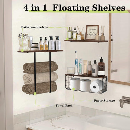 Regine Switzerland Floating Shelves - Wall Mounted Bathroom Organizer with Storage Basket & Towel Rack | Dark Brown, Set of 4, 16 in