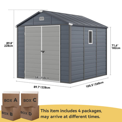 DWVO 8x9FT Outdoor Storage Shed w/o Floor, All-Weather Plastic Shed with Window, Vents & Lockable Doors, Plastic Tool Shed for Backyard, Patio, Lawn, Gray