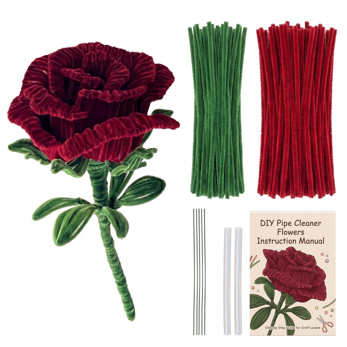 Pipe Cleaners Flower Kit - Red Pipe Cleaners for Flower Making, DIY Craft Supplies for 22-Inch Pipe Cleaner Flowers, Includes 300 PCS Pipe Cleaners, Floral Wires, Glue Sticks & Instruction Manual