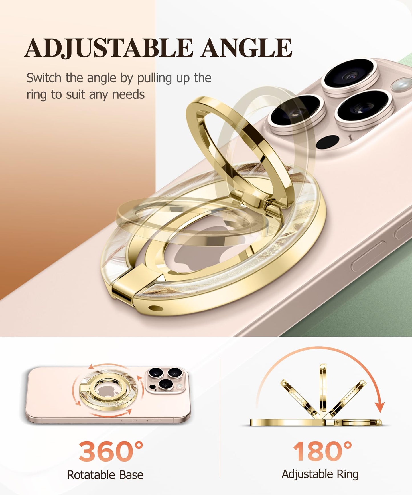 GVIEWIN Magnetic Phone Ring Holder, Compatible with MagSafe Phone Grip with Adjustable Stand, Magnet Phone Ring Kickstand for iPhone 17/16/15/14/13/12 Pro Max Plus Air/Other Phones (Glitter/Silver)
