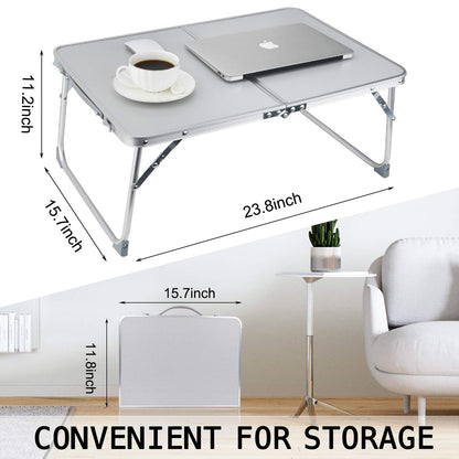 RAINBEAN Foldable Laptop Table for Bed Lightweight Breakfast Bed Tray Portable Mini Picnic Storage Space Standing Holder, Folding Leg Desk Notebook Lap Table for Kids Reading -Silver