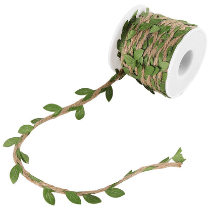 YUENPUN 328 Ft 5MM Burlap Leaf Ribbon, 10 Rolls 33 Ft Natural Jute Twine Rope, Jute Twine with Green Leaves Ply Braided Burlap Ribbon Artificial Leaves Vine Rope for Wedding, Party, Garden Decor
