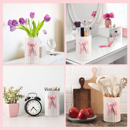 LemonRoad Pink Bow Ceramic Utensil Holder 3D Coquette Handmade Pink Kitchen Decor Mothers Day Kitchen Gifts Cooking Utensil Crock with Scalloped Preppy Caddy Pen Holder Vase for Countertop Spoon