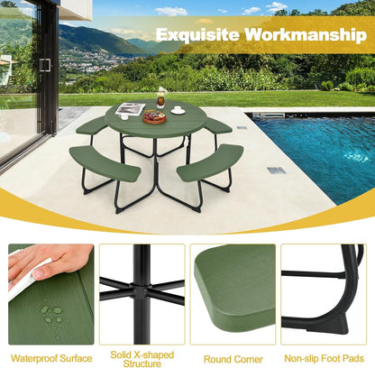 Julimoon Round Picnic Table for Outdoors, 8 Person Outdoor Picnic Tables & Benches Set with Umbrella Hole, HDPE Tabletop & Metal Frame, 2000 LBS Capacity Table Bench Set for BBQ, Garden, Lawn, Patio