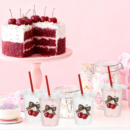 JarThenaAMCS 50Pcs Leopard Cherry Plastic Cups with Lids Straws Disposable Cups 12oz Cheetah Print Red Cherry Drinking Cup for Bride Shower Girls Night Bachelorette Party