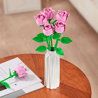 EWED Rose Flower Bouquet Building Set: Artificial Flowers Botanical Collection Blocks Kit for Women Girls Wife Adults Home Decor Thanksgiving Christmas Mother's Day Valentine's Gifts 6-Pack