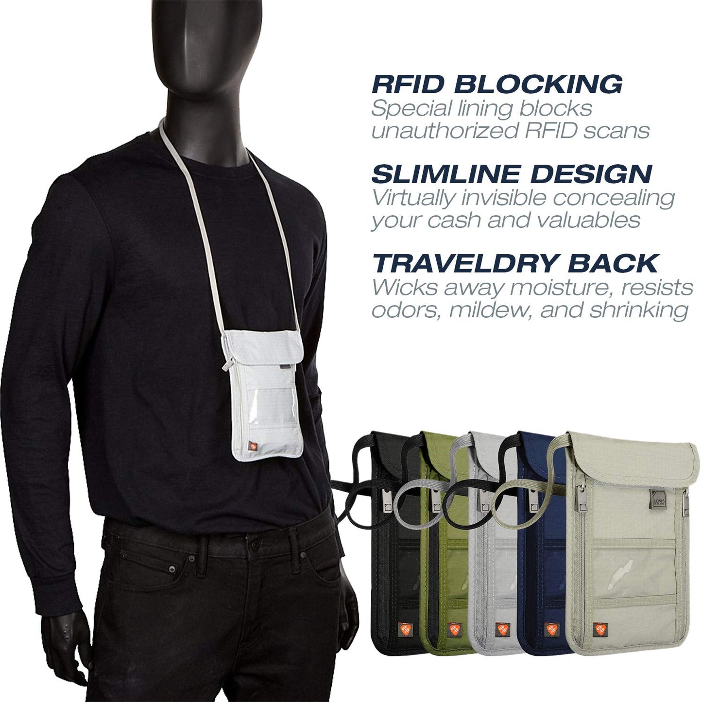 Lewis N. Clark RFID Blocking Stash Neck Wallet, Travel Pouch + Passport Holder for Women & Men, Black, One Size