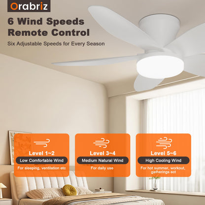 Orabriz 35 Inch Ceiling Fan with Lights and Remote Control,Quiet 6 Speeds Wind Modern Low Profile Fan Light with DC Reversible Motor, Dimmable Ceiling Fan for Bedroom Room Indoor/Outdoor Use, White