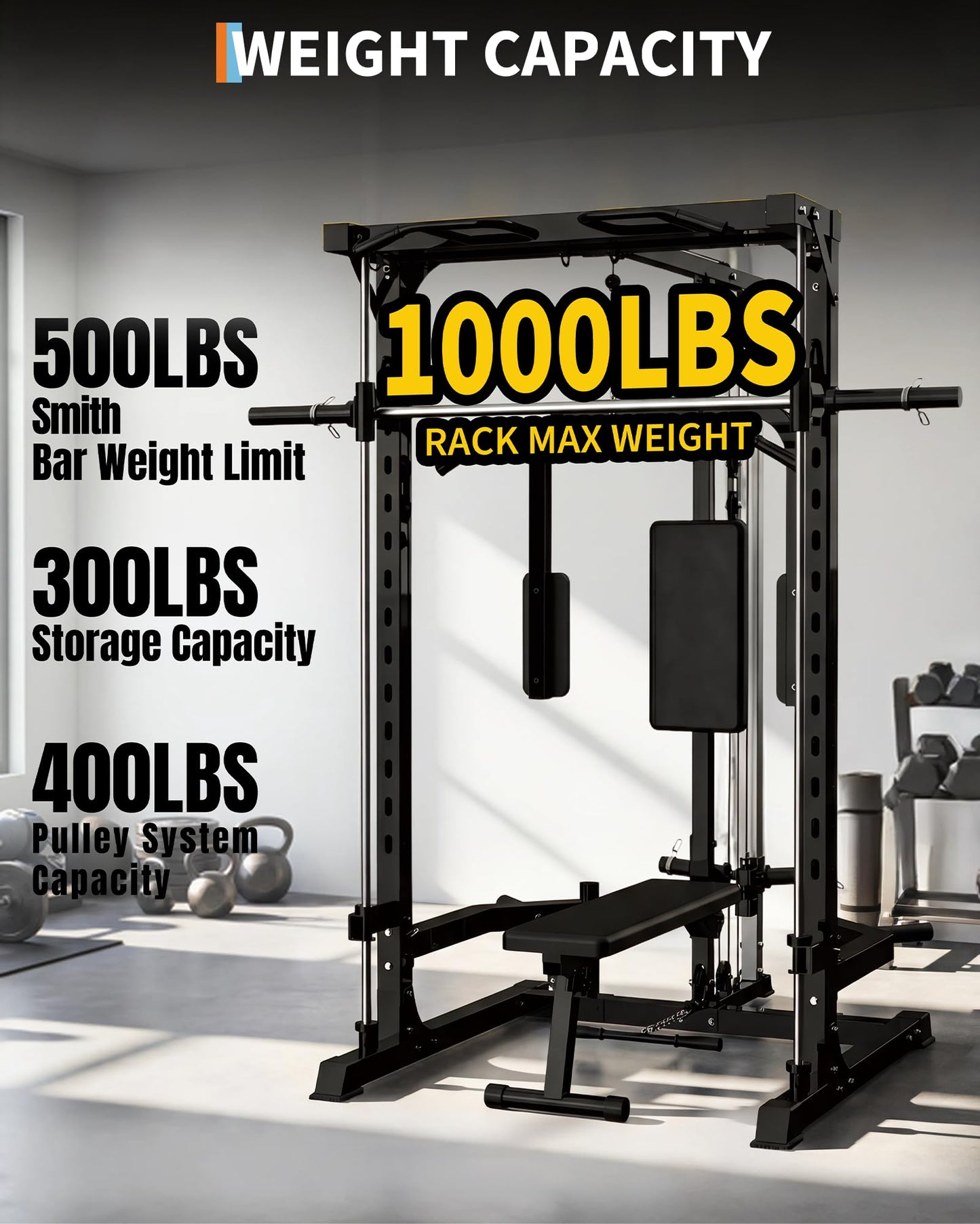 Garvee Smith Machine with Bench, Heavy Duty Power Cage Squat Rack with Smith Bar, LAT Pulldown System, Chest Station & More Training Attachment, Home Gym Equipment for Strengthen Training