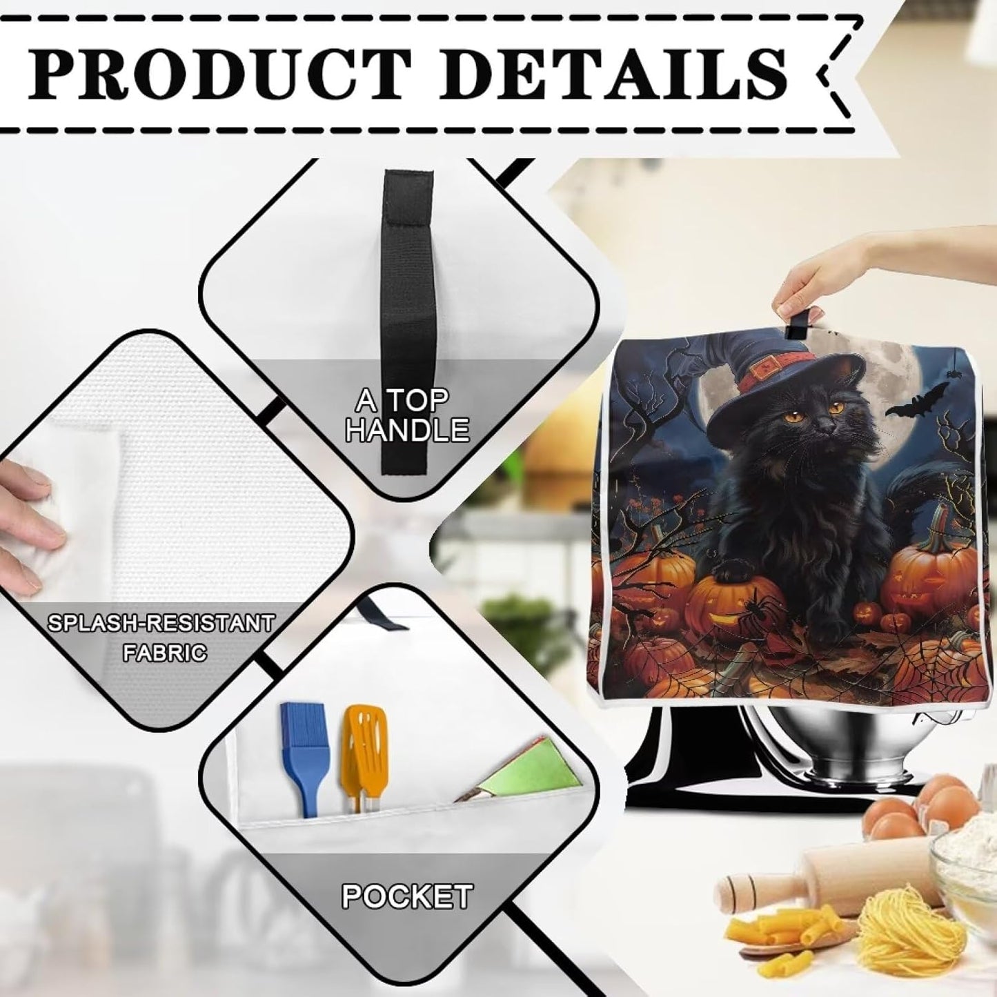 Black Cat Stand Mixer Cover, 6-8 Quart Pumpkin Bat Kitchen Appliance Covers for Dust Protection