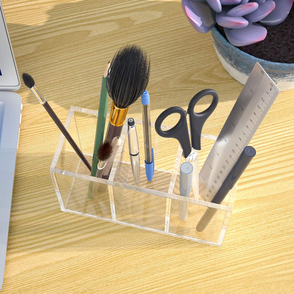 NIUBEE Acrylic Pen Holder 3 Compartments, Clear Pencil Organizer Cup for Countertop Desk Accessory Storage