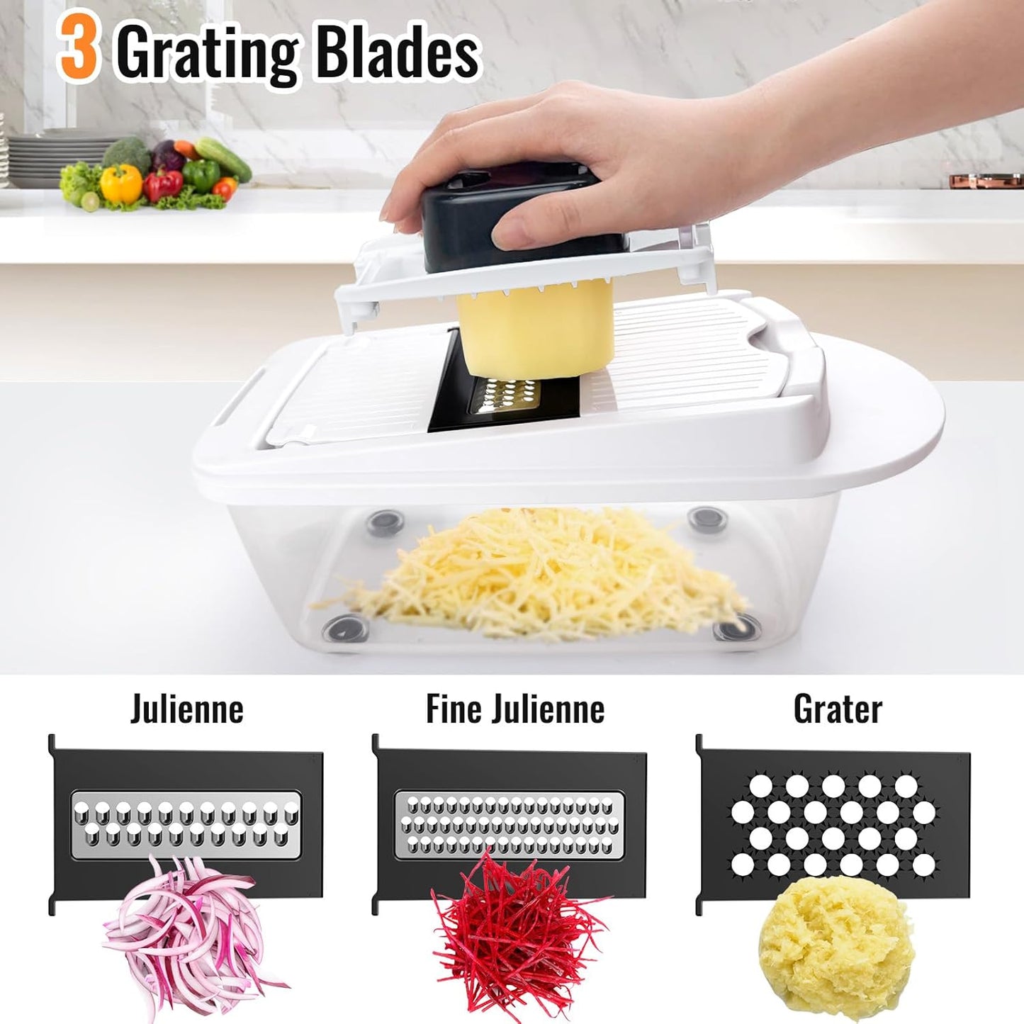Skiennix 8-Blade Vegetable Chopper - All-in-One Mandoline Slicer with Container for Effortless Salad Prep | White