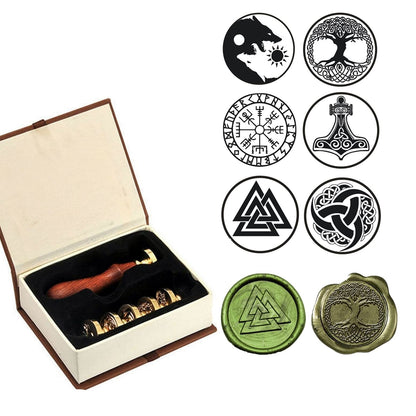 6PCS Viking Rune Wax Seal Stamp, Viking Vegvisir Valknut Tree of Life Sealing Wax Stamp with Wooden Handle, Vintage Brass Stamp for Wedding Invitation, Gift Wrap, Envelopes, Christmas Card (A1)