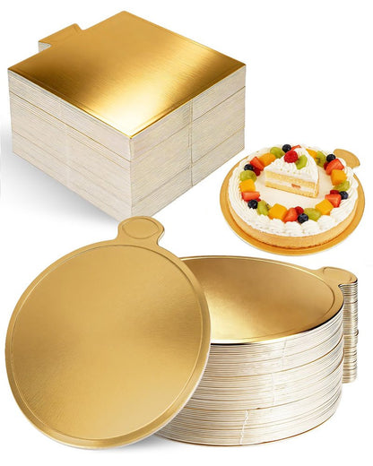 CHONNFEASTT® 120PCS Mini Gold Cake Boards with Tab – 3.5" Round & Square Dessert Bases Para Postres – Grease-Proof Cardboard Flan Plates for Party Mousse Cakes, Cupcakes, Petit Fours, Bakeries, Pastry