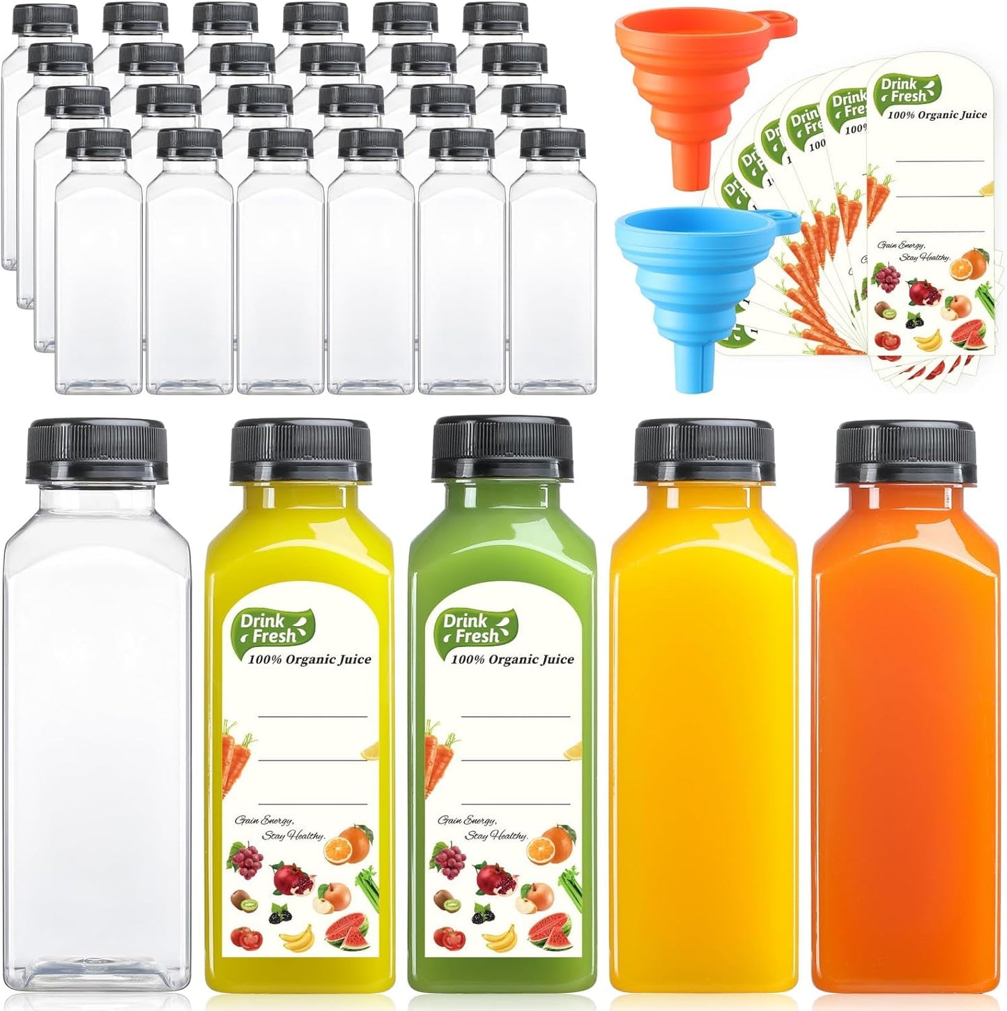 24 PACK, 12 OZ 24 2 Reusable Plastic Juice Bottles with Caps, Plus Labels & Silicone Funnels - Clear Juicing Bottles