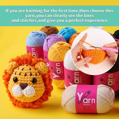 Sekafris 15 Pack Crochet Yarn Beginner - Black, White, Orange, Red, Green, Pink, Yellow Cotton Chunky Yarn - Easy-to-See Stitches for Crocheting (15 * 50g)