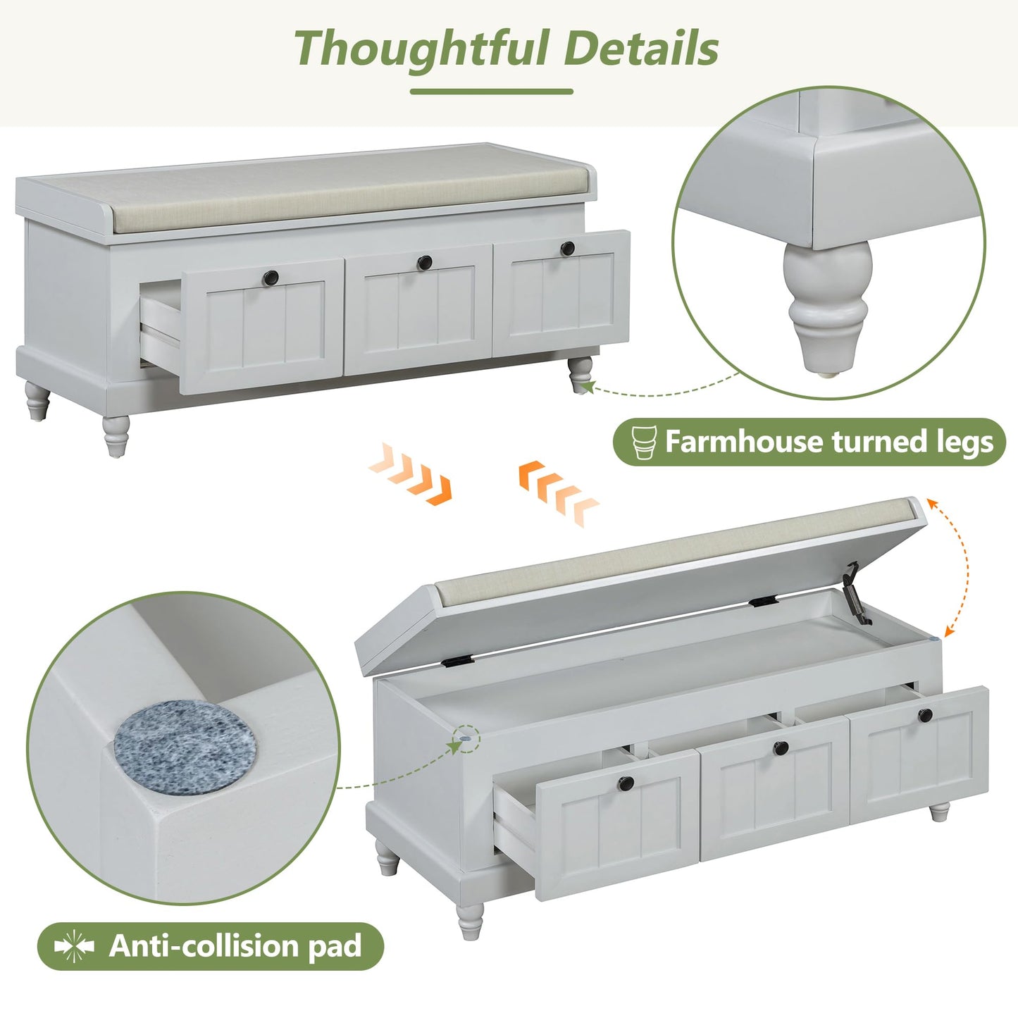 Merax Classic Storage Bench with Cushioned Seat and Three Drawers for Entryway & Living Room & Bedroom, Light Gray