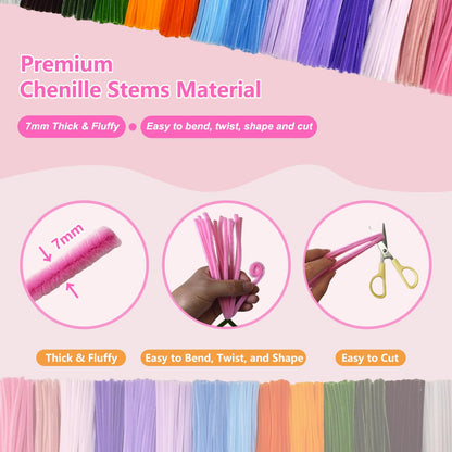 700 PCS Pipe Cleaner Flower Kit, Pipe Cleaners Craft Bulk 14 Colors Chenille Stems Flower Making Kit with 14 Flower Designs Guiding Book, Floral Stems & Craft Accessories for Art and Craft Supplies