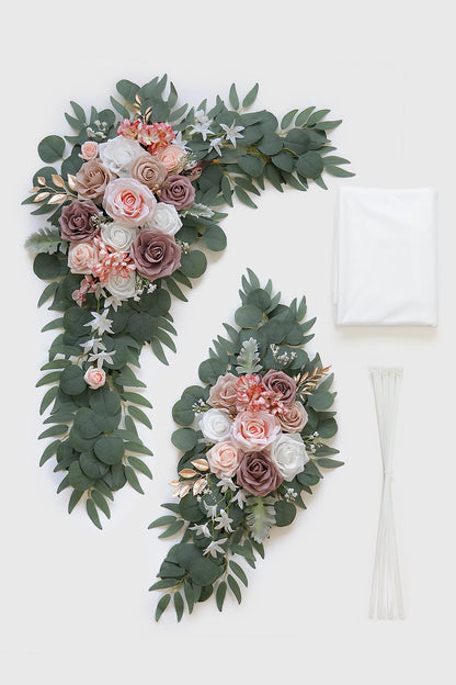 Olalaka Dusty Rose Artificial Wedding Arch Flowers Kit (Pack of 3) with 26Ft White Shiny Arch Draping Fabric for DIY Wedding Party Ceremony Reception Backdrop Floral Decoration