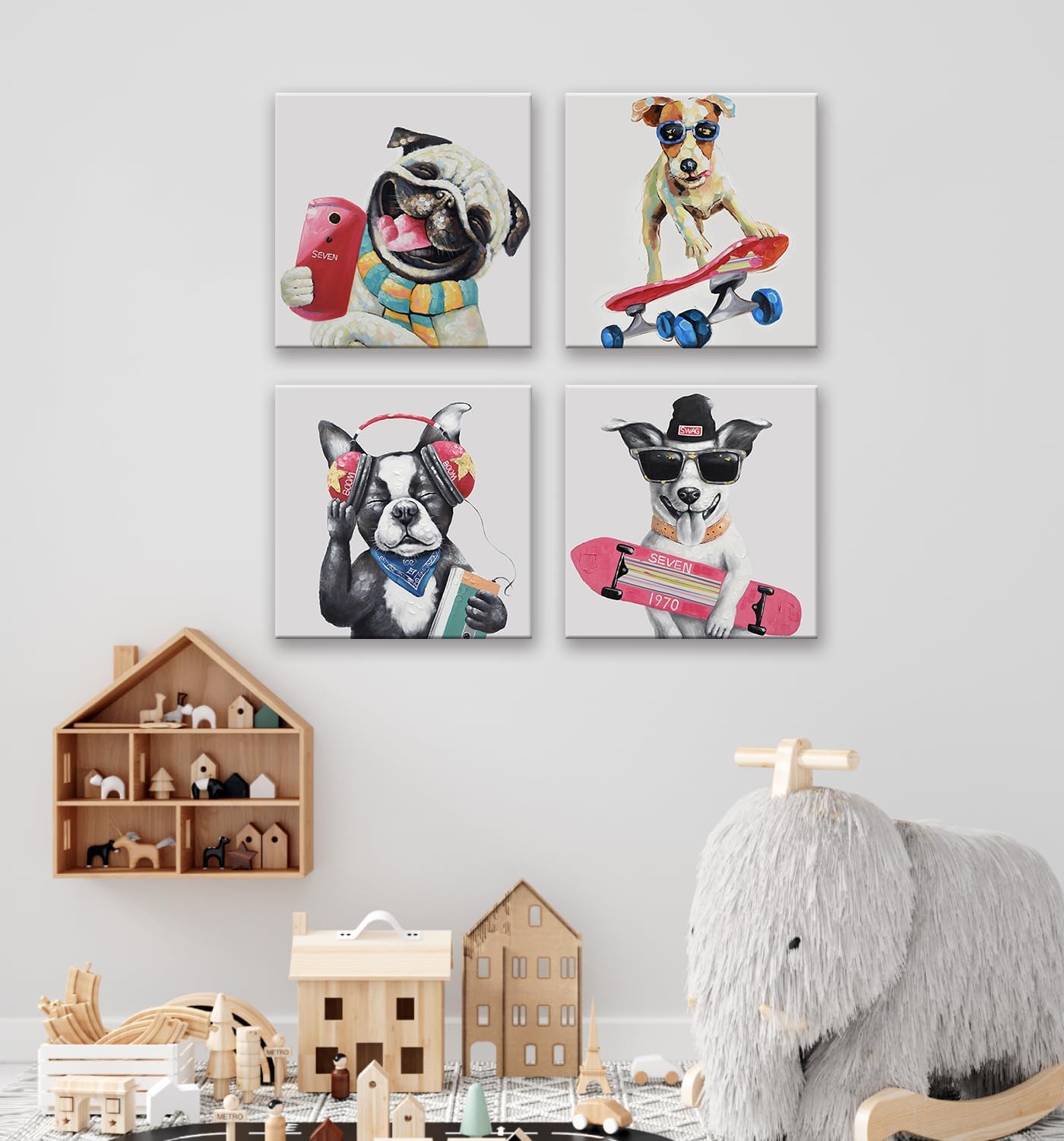12'' 12'' 4 SEVEN WALL ARTS Colorful Gallery Pet Canvas Painting Puppy Artwork Abstract Hip-hop Dog Cartoon Picture