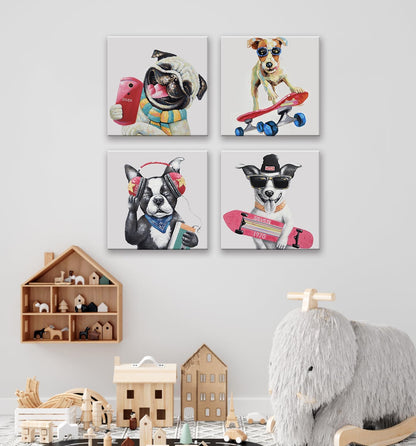 12'' 12'' 4 SEVEN WALL ARTS Colorful Gallery Pet Canvas Painting Puppy Artwork Abstract Hip-hop Dog Cartoon Picture