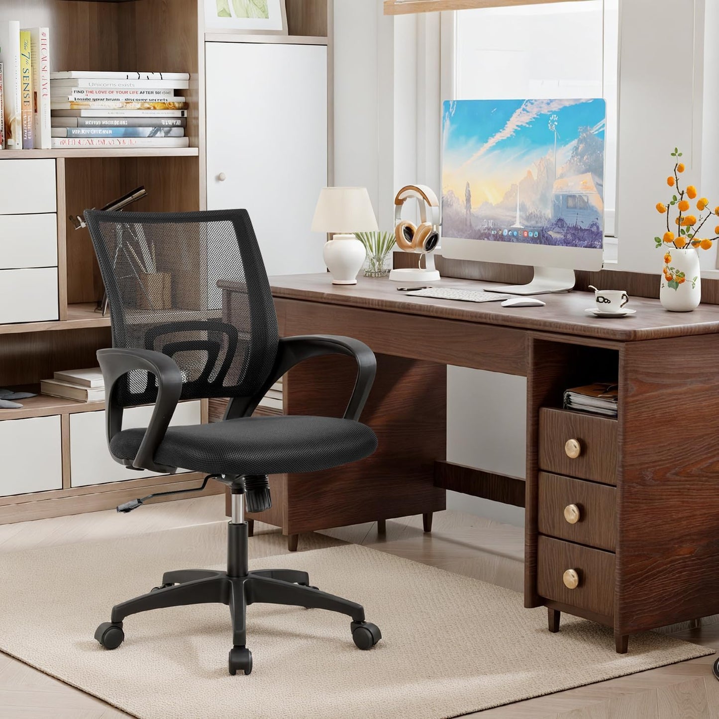 BestOffice Ergonomic Office Chair - Mid-Back Swivel Design with Breathable Backrest & Lumbar Support - Adjustable Height, Sponge Seat, Rolling Wheels - Dark Black for Adults & Women