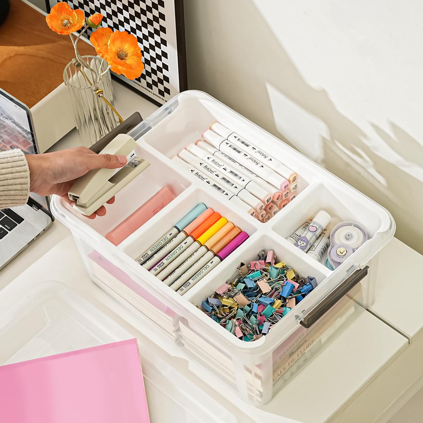 Stebopum 17 QT Plastic Storage Box with Removable Tray Art Supply Craft Organizers and Storage Stackable Storage Container for Organizing Bead, Tool, Sewing, Book, Crayon, Playdoh(Clear)