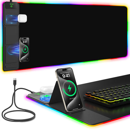 Mouse Pad with Wireless Charging, Large Desk Mat RGB Gaming Mousepad, 10 Light Colors LED Gaming Pad Keyboard Pad with Ultra-Smooth Surface & Non-Slip Rubber Base, Waterproof Full Desk Mouse Pad