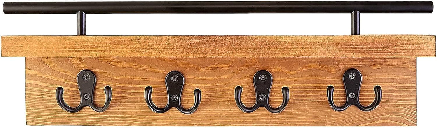 Mail and Key Holder for Wall, Decorative Wooden Shelf with Hooks, Wall Mounted Coat Rack (Light Brown)