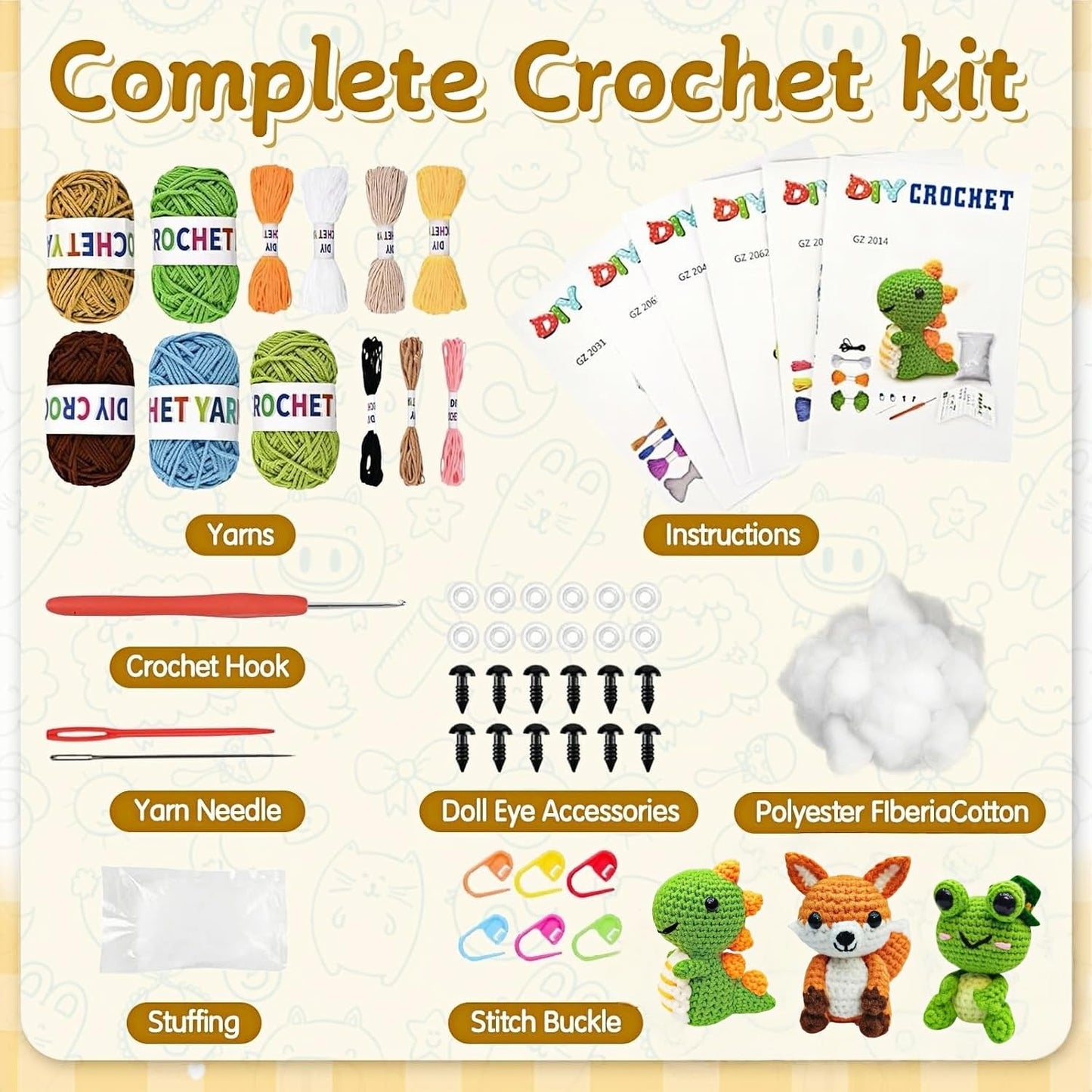 JackCao 6 Pack Crochet Kit for Beginners, 2026 DIY Craft for Adults, Crochet Animal Plush Kit with Step-by-Step Video Guides Tutorials Birthday Gift for Beginner Crochet Lovers ﻿ (Green)