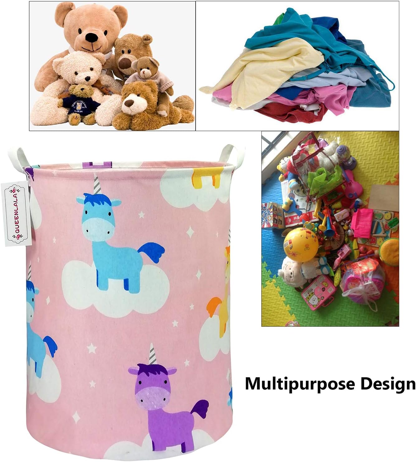 QUEENLALA Large Storage Basket, Collapsible Round Laundry Hamper for Boys and Girls Clothing (Pink Unicorn)