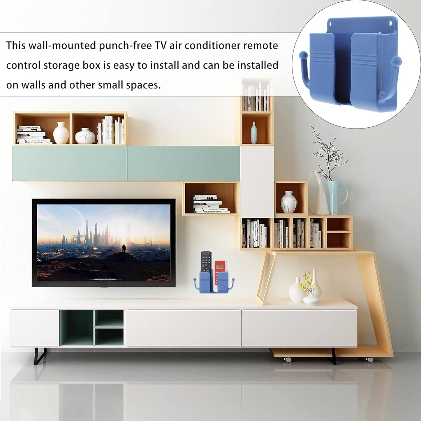 Healifty 5pcs Remote Control Holder with Hook, Wall Mounted Media Storage Box for Home Bedroom (Blue)