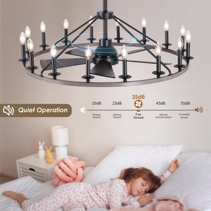 44" Wagon Wheel Chandelier with Fans, Wagon Wheel Ceiling Fan with 16-Lights and Remote, Farmhouse Chandelier for Living Room Dining Room, Adjustable Height, 6-Speed Reversible Quiet Large Fandelier