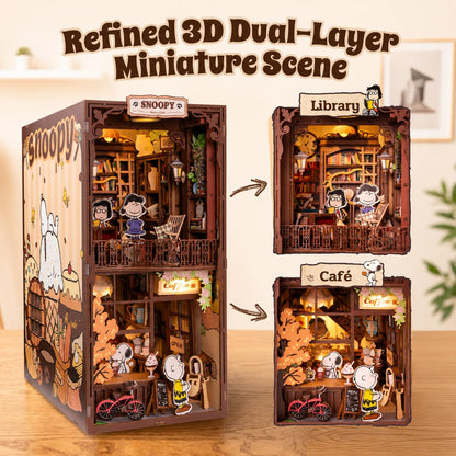 puremind Snoopy Peanuts Book Nook Kit, 9.3" 3D Wooden Puzzle DIY Miniature Kit with LED Lights, Book Cafe Bookshelf Insert Diorama Gift for Adults and Snoopy Fans